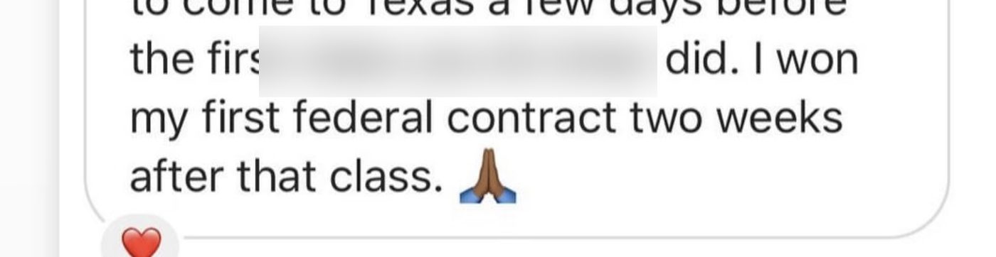 Screenshot of a message reporting a first federal contract won two weeks after a class